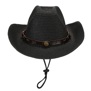 Black straw cowboy hat with wide moldable brim and vintage metal buckle detail