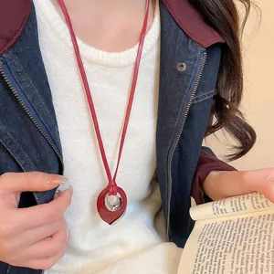 Minimalist red leather waterdrop pendant necklace with silver metal accent for women
