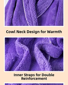 Detail of soft purple coral fleece bathrobe featuring a shawl collar and inner tie straps