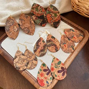 Bohemian Teardrop Leaf Drop Earrings Printed Cork Faux Leather Ethnic Mandala Floral Pattern With Silver Earring Post