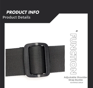 Detail view of the durable nylon shoulder strap and adjustable plastic buckle on the black bag