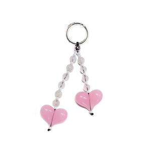 Pink heart-shaped natural stone beaded keychain accessory with translucent glass charms