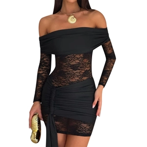 Elegant black off-shoulder lace dress with ruched long sleeves for formal evening parties