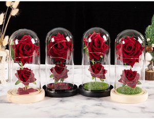 Detail of preserved red roses in glass domes with LED lights on wood bases