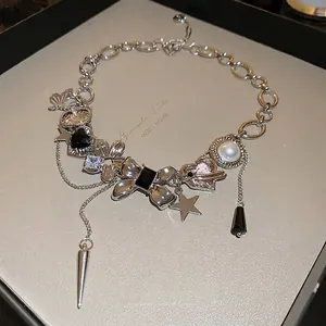 Punk style silver necklace with butterfly, star, heart pendants and colorful gemstones