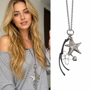 Macro detail of silver-tone hollow flower and starfish pendant with delicate chain tassels