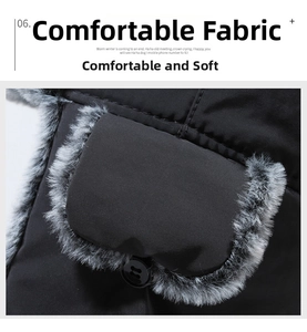 Detail of windproof black trapper hat with soft grey faux fur trim and buttoned ear flaps