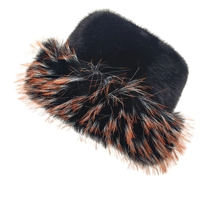 Winter faux mink fur bucket hat for women with thick plush lining and orange-white trim