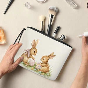 Floral makeup bag featuring cute watercolor rabbit and easter egg print with black handle