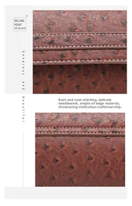 Detail of brown ostrich leather bag with raised texture and precision double stitching