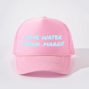 Detail of pink foam trucker hat with Save Water Drink Margs text and cord trim
