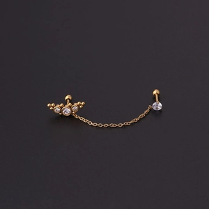 16G stainless steel chain double piercing earring with three marquise-cut zircons