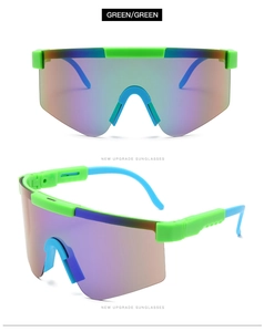 Front and 45-degree views of green sports sunglasses with color coated lenses