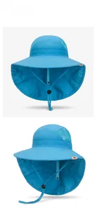 Detail of sky blue kids sun hat with wide brim, neck flap and breathable mesh panel