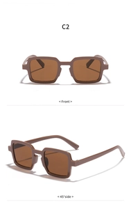 Detail view showing the front and 45-degree angle of brown square frame sunglasses