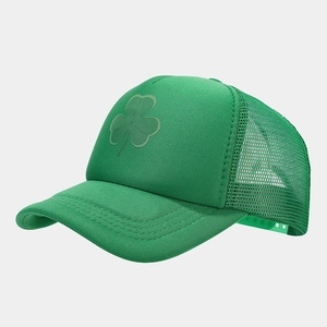 Detail view of deep green trucker hat with clover print and breathable mesh back