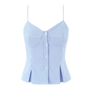Striped Peplum Camisole Top Blue White Button Front Ruffle Hem Slim Fit Spaghetti Strap Summer Beach Vacation For Women