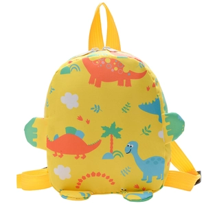 Bright yellow cartoon dinosaur backpack for kids with colorful spikes and adjustable straps