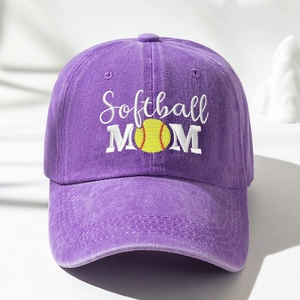 Close-up of Softball MOM embroidery on purple washed denim baseball cap with softball icon
