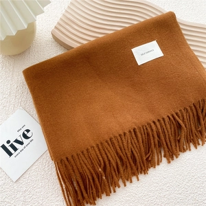 Detailed shot of caramel brown cashmere scarf with long tassels and stylish white label