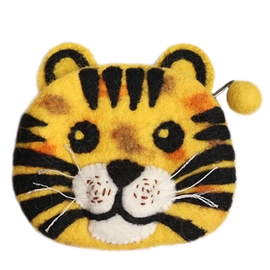 Handmade wool felt tiger coin purse with cute 3D ears and fuzzy animal design for women