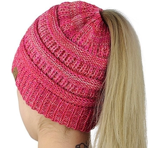 European style pink knit ponytail messy bun beanie hat with CC label for winter outdoor warmth