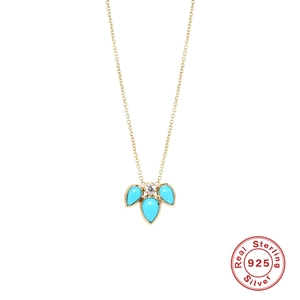S925 sterling silver gold necklace with turquoise teardrop pendants and white crystal
