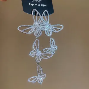Sparkling zircon hollow butterfly drop earrings with silver pins for elegant women