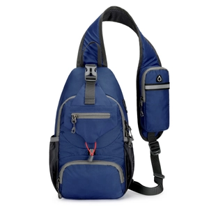 Detail of waterproof blue nylon chest bag with headphone jack pocket and zipper textures