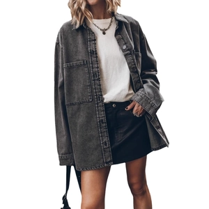 Oversized retro grey wash long sleeve denim jacket shirt with large pockets for women