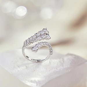 Macro shot of silver multi-layer snake ring with sparkling round zircon stones