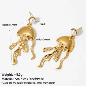 Golden jellyfish earrings in stainless steel with pearls, 57mm height, marine series