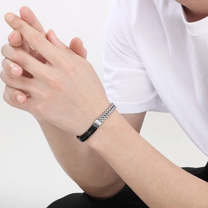 Men's double-row fish scale bracelet in black woven texture and silver buckle