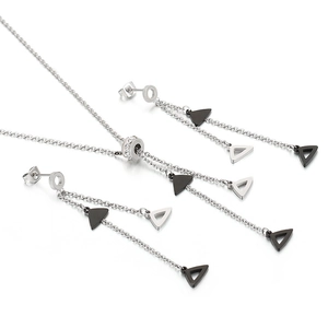 Silver geometric triangle fringe necklace and earrings jewelry set with rhinestone inlay