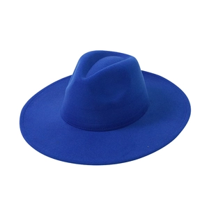 Elegant royal blue wide brim wool felt fedora hat featuring a classic western jazz design