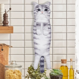 Detailed view of a hanging grey tabby cat towel made of absorbent microfiber plush fabric