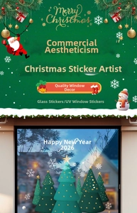 Detail of UV printed Christmas tree window stickers with Happy New Year 2026 snowflake design