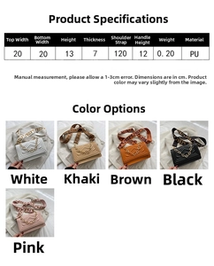 Detailed dimension chart of quilted PU crossbody bag with size specifications and colors