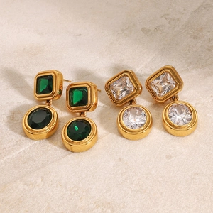 18K gold plated stainless steel geometric earrings with green and clear zircon stones