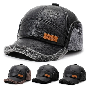 Men Winter PU Leather Baseball Cap With Ear Flaps Faux Fur Lining Thick Warm Windproof Aviator Trapper Hat Outdoor