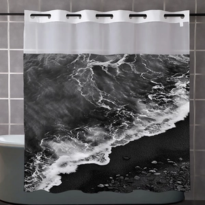 Detail of high-contrast marble wave print on waterproof fabric shower curtain