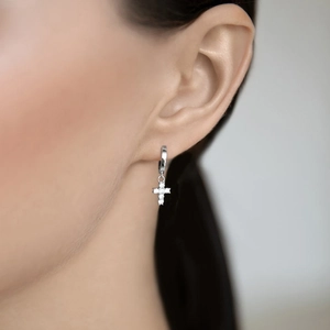 Elegant 925 sterling silver hoop earrings with dangling zircon-inlaid cross pendants