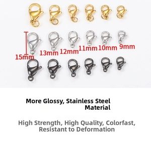 Detailed grid of stainless steel lobster clasps in gold silver and black from 9mm to 15mm