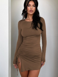 Slim fit long sleeve coffee brown mini dress with side drawstring and crew neck