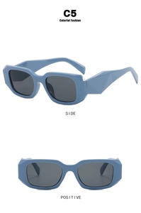 Front and side views of irregular square sunglasses with blue frames and dark lenses