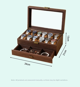 Dual-layer walnut wood watch box and jewelry organizer with 12 slots and drawer dimensions