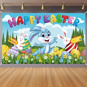 Vibrant Happy Easter banner featuring cartoon rabbits and eggs in a garden scene