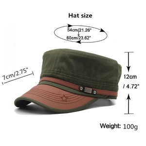 Olive green military cadet hat with brown leather brim and star stitch detailing