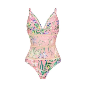 Pink one-piece swimsuit with tropical floral print and mesh cutout details for women