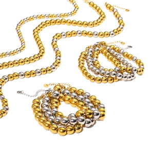 Polished 18K gold and silver stainless steel bead necklace and bracelet jewelry set